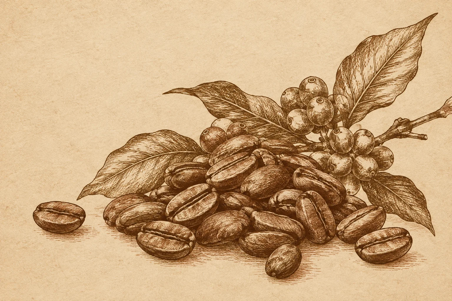 Botanical illustration of a coffee branch and beans