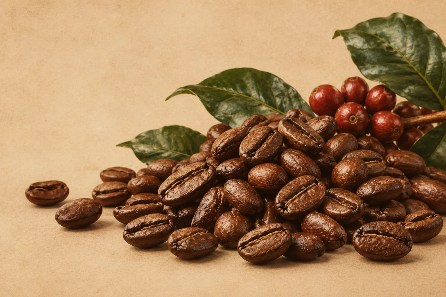 Coffee beans, leaves and ripe coffee cherries