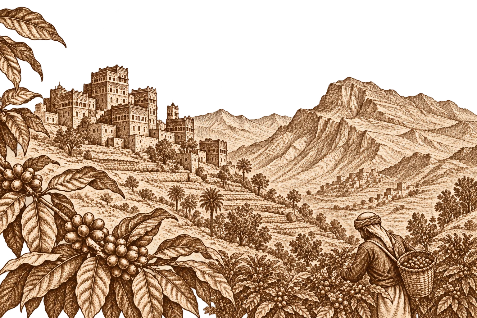 Illustrated Yemeni mountain landscape